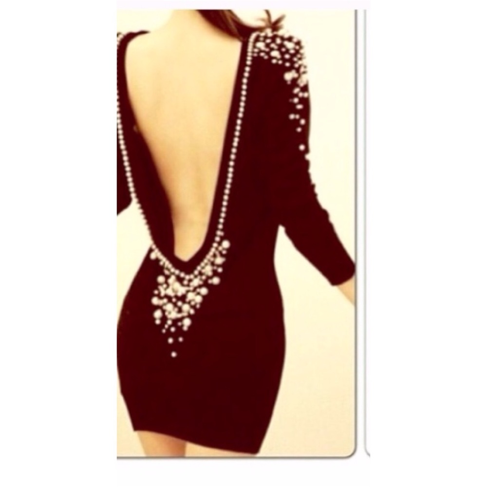 Black open back pearl dress